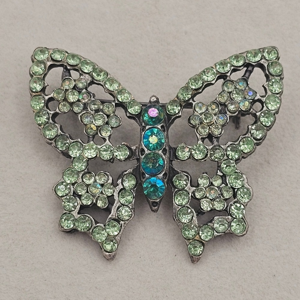 Rhinestone Butterfly Brooch Green Blue Iridescent Dark Silver Tone 1.75in. Pin